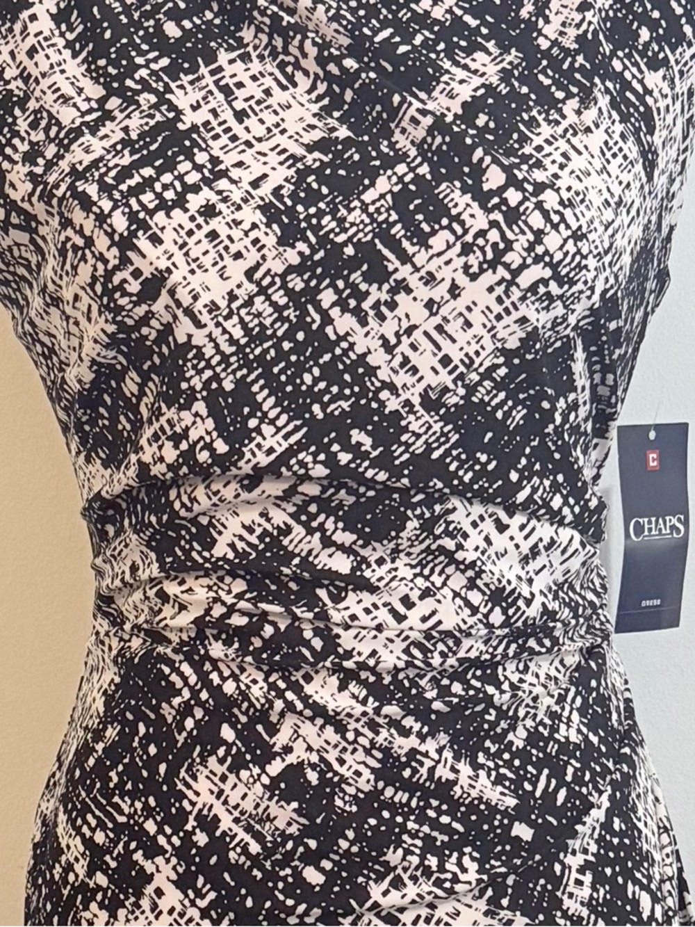 NWT Chaps Black White Abstract Ruched Sheath Dress Size Large - Picture 5 of 9